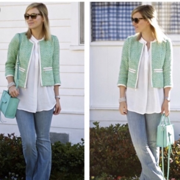 CAbi Jackets & Blazers - NEW CABI CLOVER TWEED JACKET ZIPPERED GREEN IVORY WHITE 3/4 SLEEVE 6